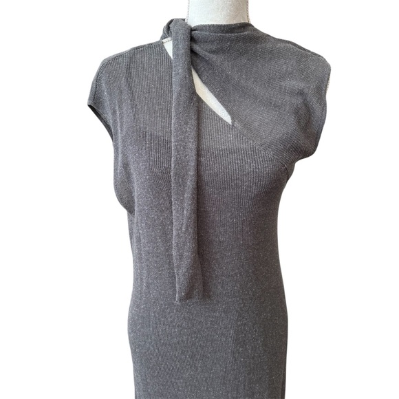 Zara Chic Gray Asymmetric Sleeve Textured Knit High Neck Tie MIDI Dress Large - Picture 5 of 16